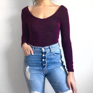 Zara Knit Purple Sparkle Scoop Neck Bodysuit Top